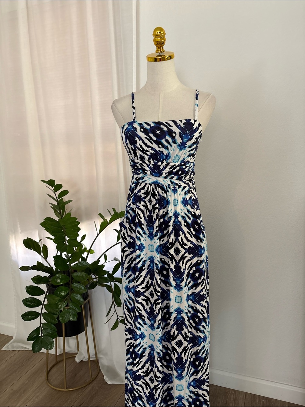 Cynthia Rowley Blue and White Patterned Spaghetti-Strap Maxi Dress